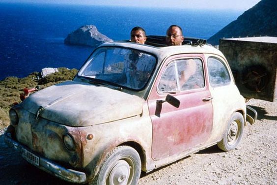 Friends; Enzo and Jacques and the Fiat 500 used in the film “The Big Blue” 1988
